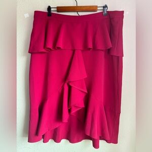 Eloqui Raspberry Red/Pink Tiered Waterfall Ruffled Stretch Midi Skirt 18